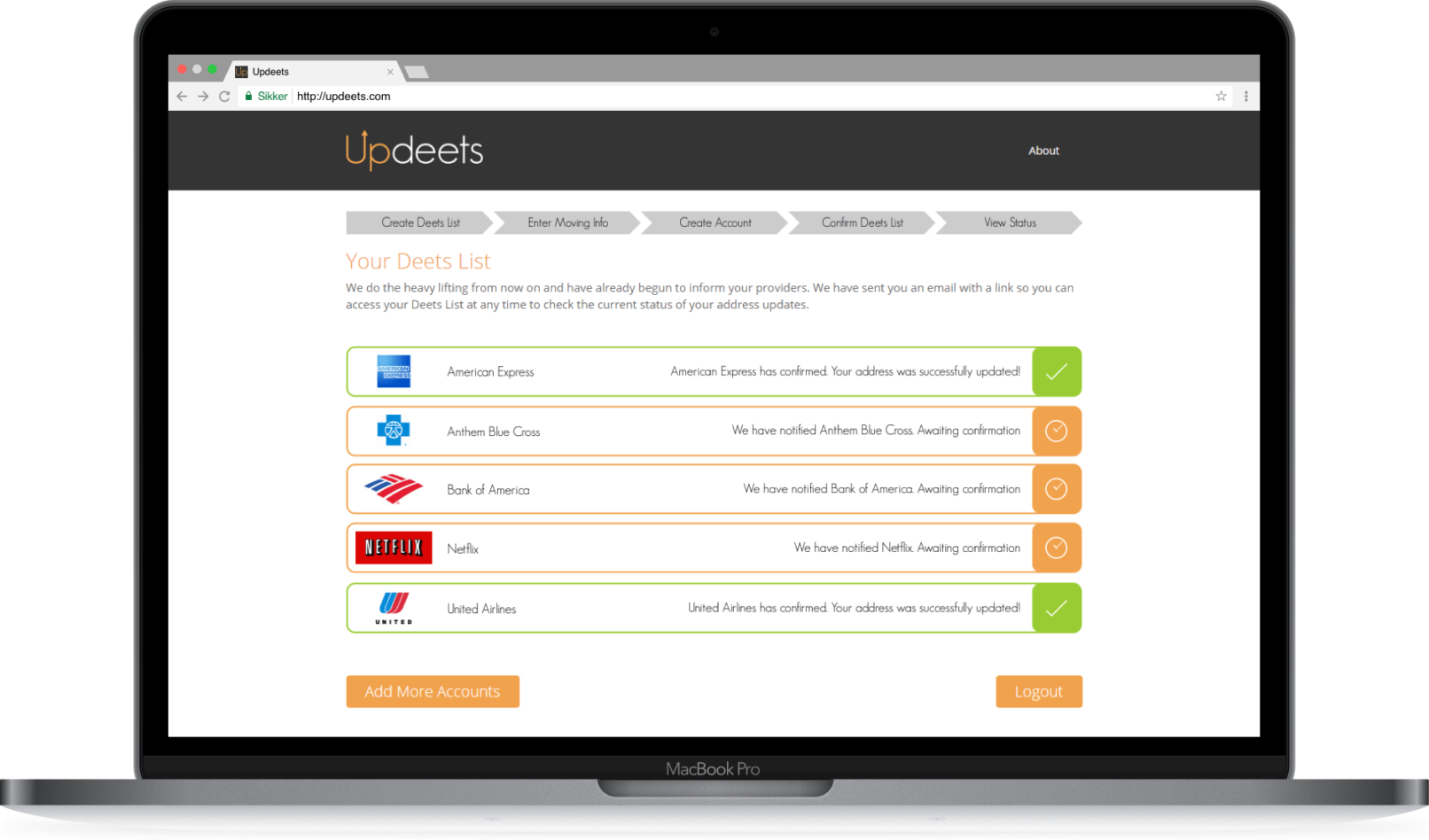 Updeets Screen "Your Deets List"