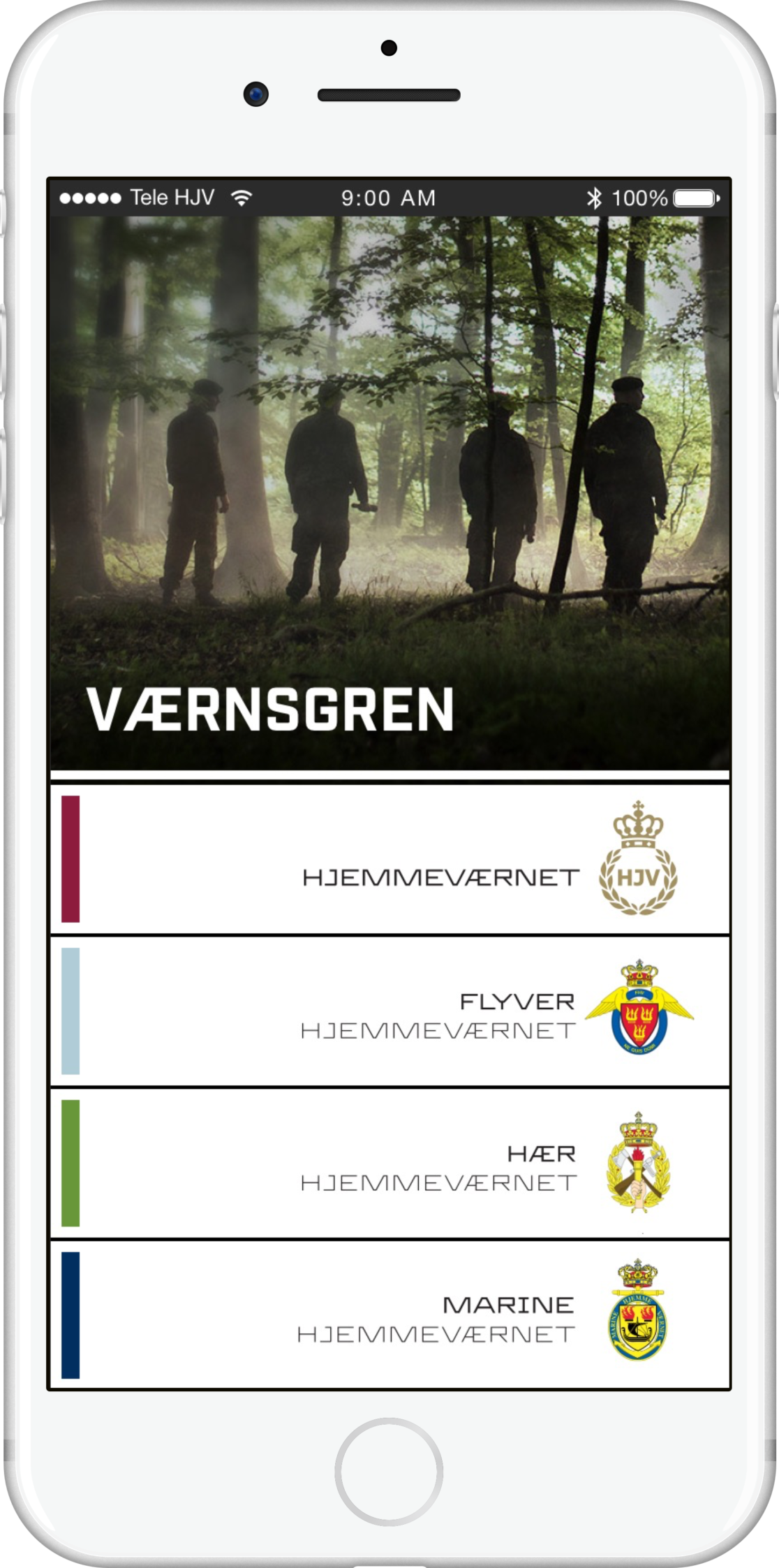 Hjemmeværnet App Screen: "Choose Department"