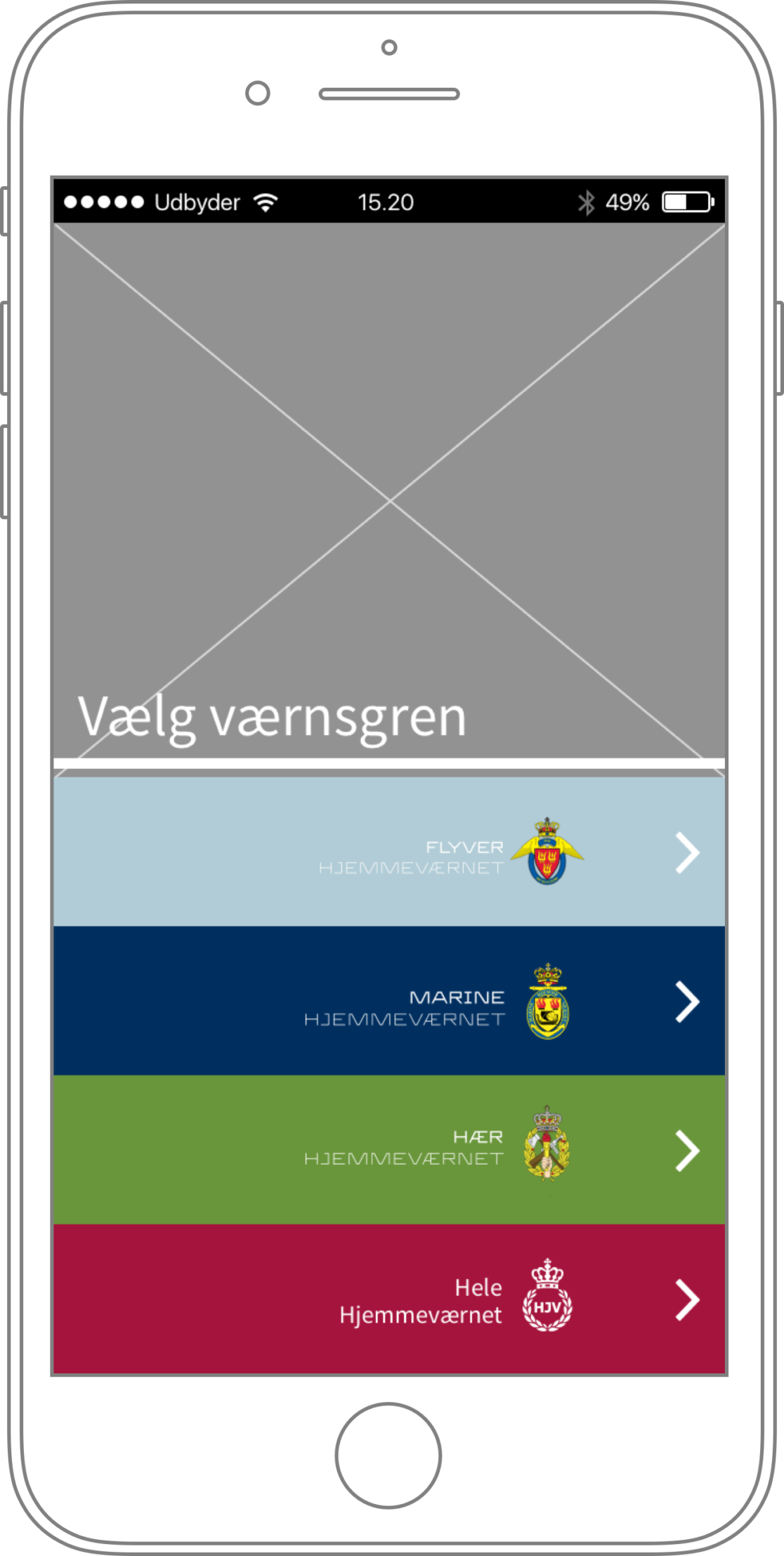 Hjemmeværnet App Wireframe: "Choose Department"