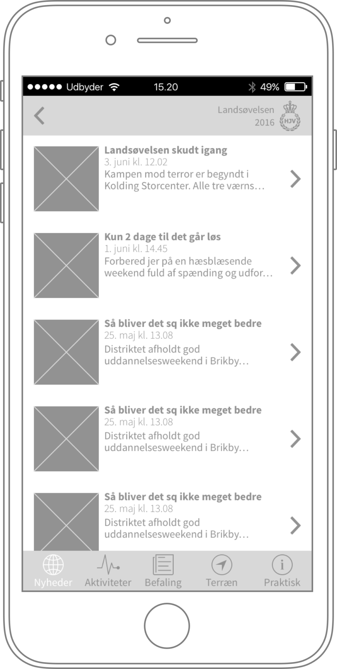 Hjemmeværnet App Wireframe: "News Overview"