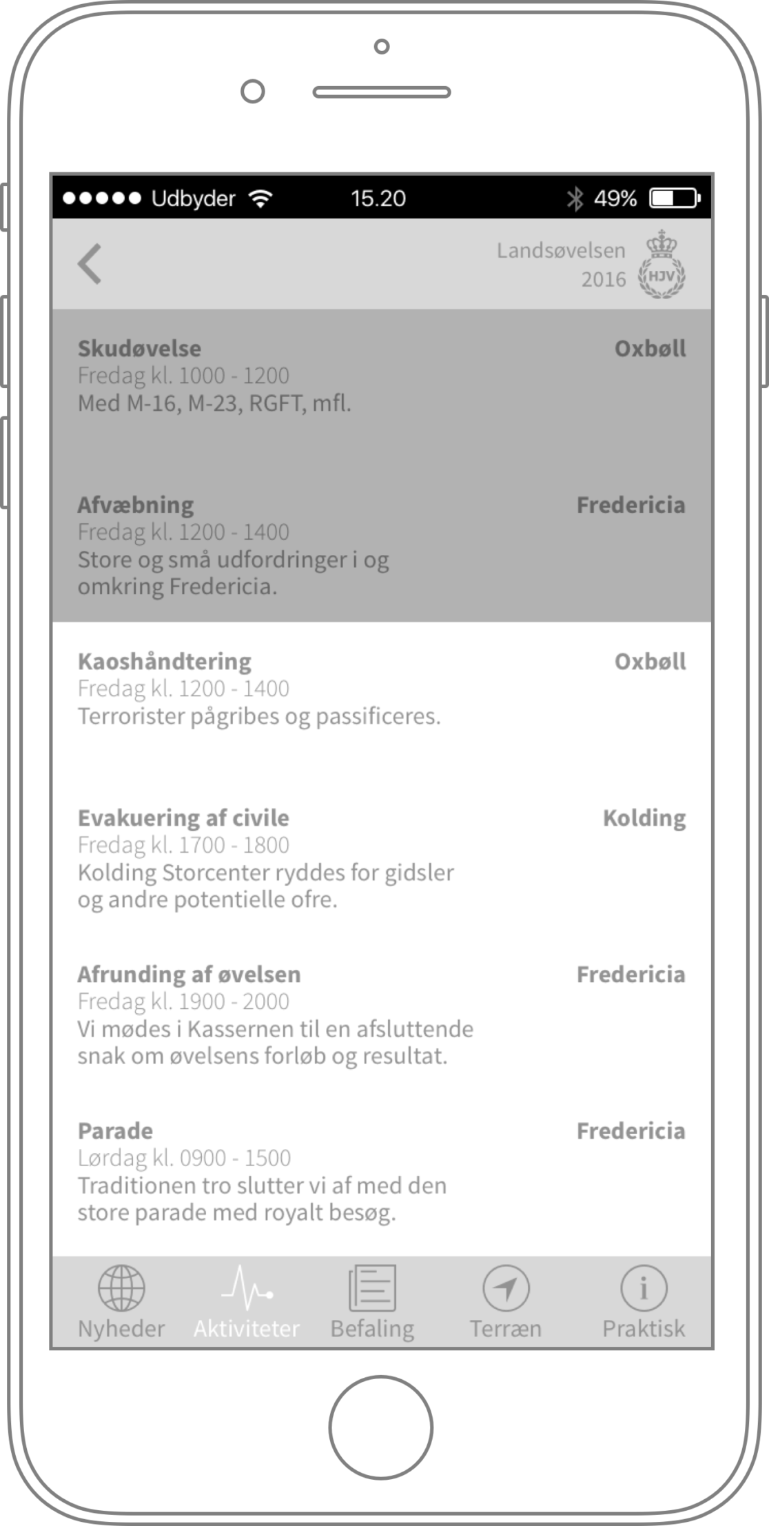 Hjemmeværnet App Wireframe: "Activity"